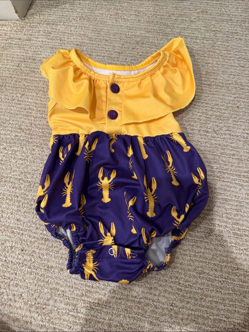 LSU Yellow Ruffle Top Purple Lobster Print Baby Romper